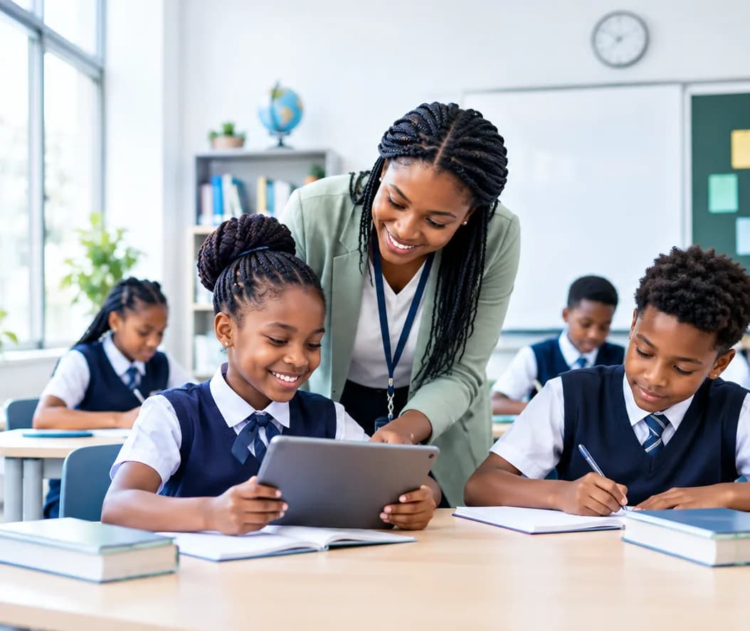A teacher helping students in a classroom using Dalinplug Schools